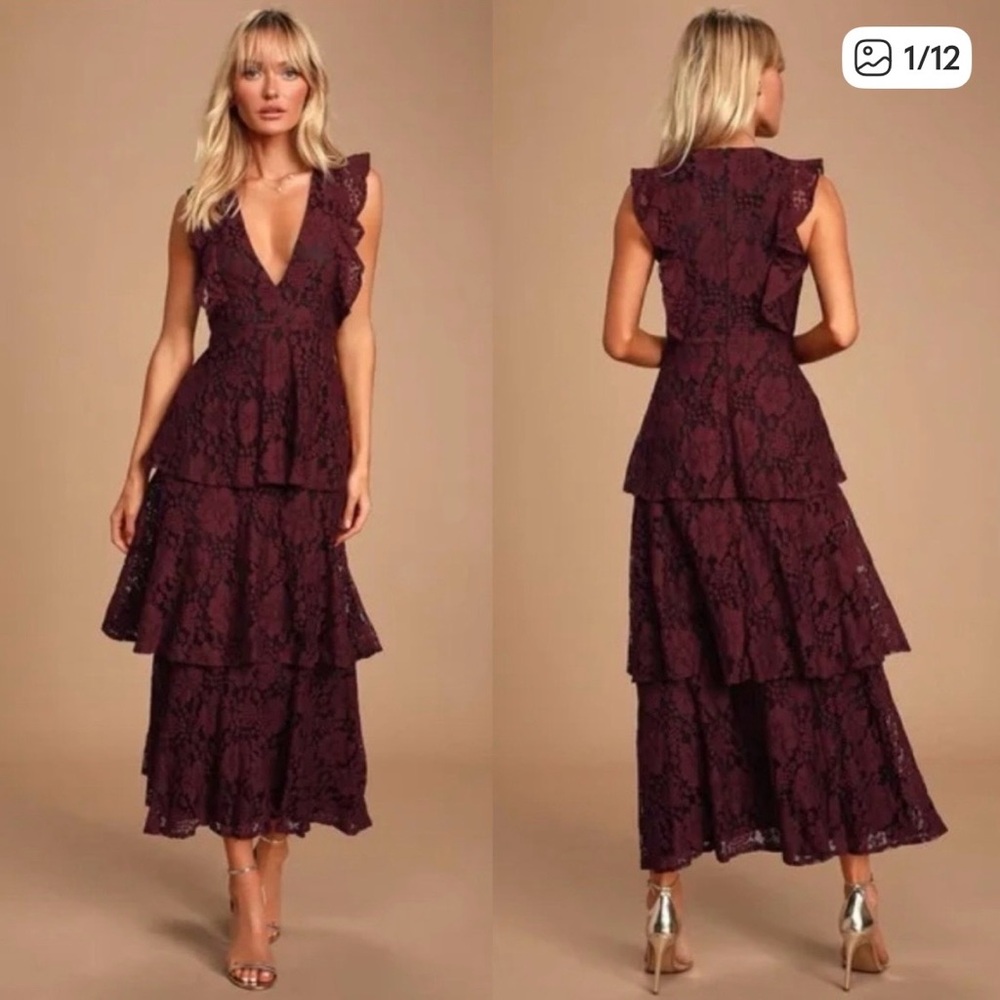 Lulu's Deep Burgundy Lace Maxi Dress